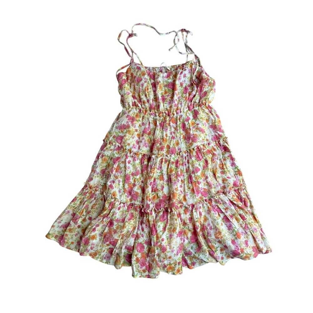Altar'd‎ State Pink Orange Floral Tiered Mini Dress Gold Shimmer Medium